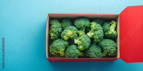 Fresh Broccoli in Cardboard Box on Blue Background photo