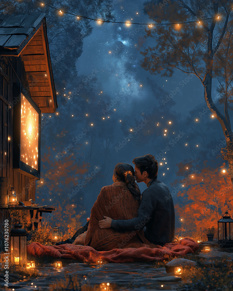 A cozy Valentine's Day outdoor movie night with a projector, blankets, and fairy lights, creating a romantic atmosphere A cozy Valentine's Day outdoor movie night with a projector, blankets, and fairy lights, creating a romantic atmosphere