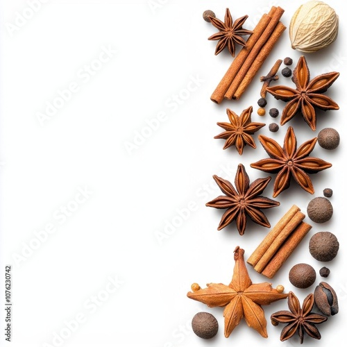 A photostock of a variety of spices including star anise and cloves, ideal for cooking or aromatic themes, isolated on transparent PNG background, High Quality photo