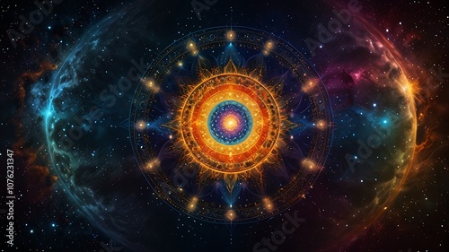 Universe mandala with radiant planetary orbits and stars expanding outward in harmony