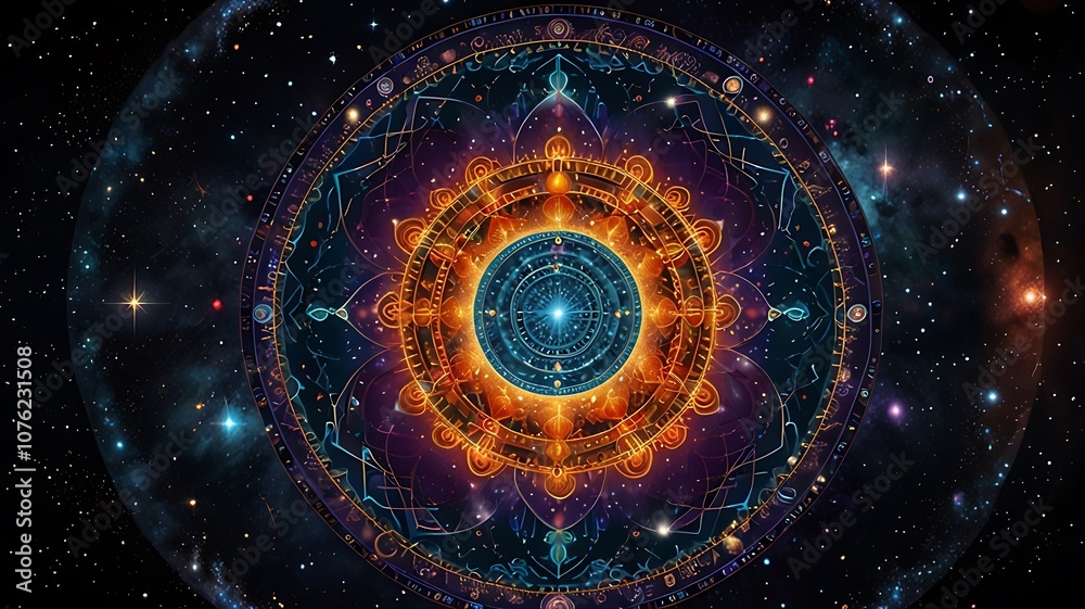 Obraz premium Celestial mandala with planetary orbits, suns, and moons, expanding from a luminous center