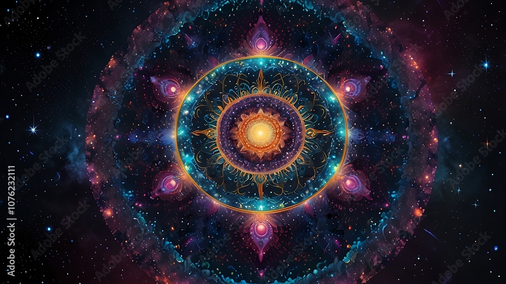Mandala featuring radiant cosmic symbols expanding outward, evoking a sense of spiritual energy Mandala featuring radiant cosmic symbols expanding outward, evoking a sense of spiritual energy