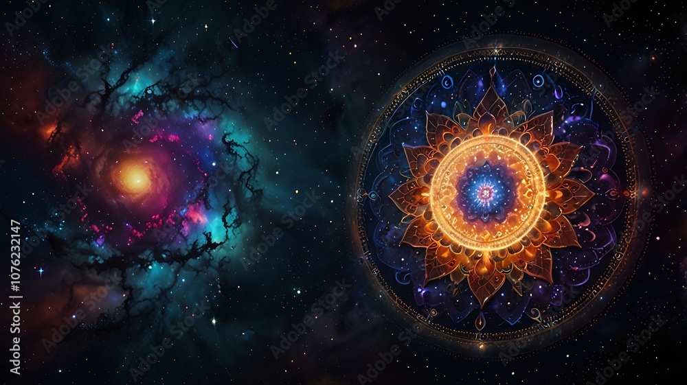 Mandala of expanding circular patterns with galaxies and nebulae, symbolizing universal unity Mandala of expanding circular patterns with galaxies and nebulae, symbolizing universal unity