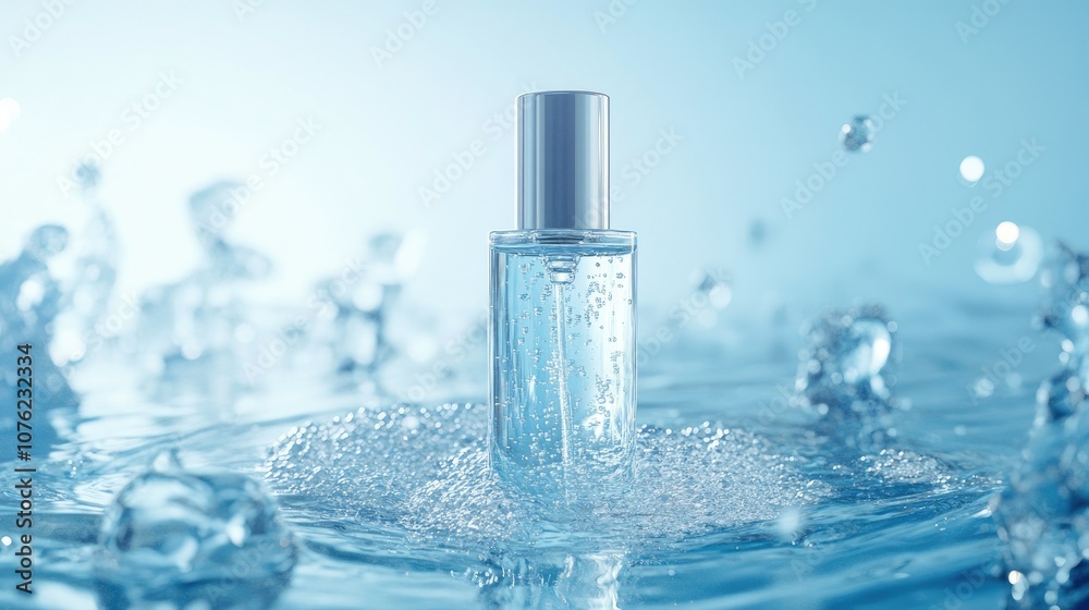A close-up of a skincare bottle submerged in clear, bubbling water with a blue background, symbolizing hydration and rejuvenation A close-up of a skincare bottle submerged in clear, bubbling water with a blue background, symbolizing hydration and rejuvenation