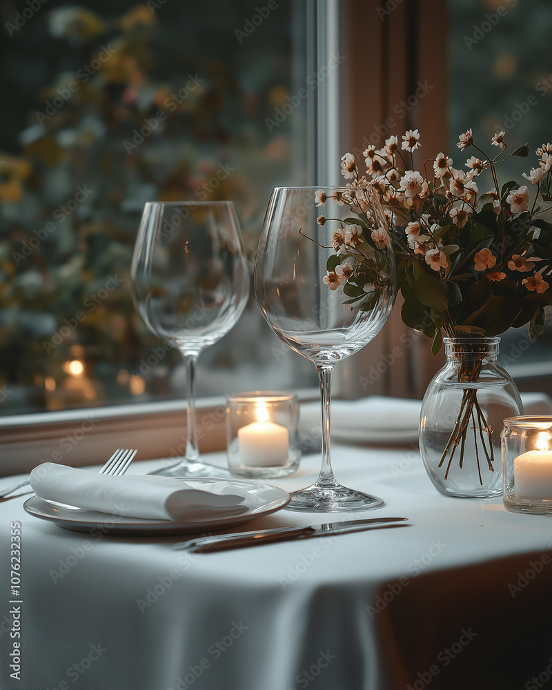 Elegantly set glasses on a sophisticated restaurant table, surrounded by refined tableware, luxurious linens, and ambient lighting, creating a perfect atmosphere for fine dining Elegantly set glasses on a sophisticated restaurant table, surrounded by refined tableware, luxurious linens, and ambient lighting, creating a perfect atmosphere for fine dining