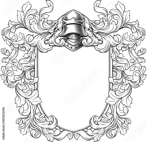 Coat of arms crest knight family medieval shield heraldry heraldic armorial motif. Featuring a knights helm helmet in a vintage etching engraving woodcut style