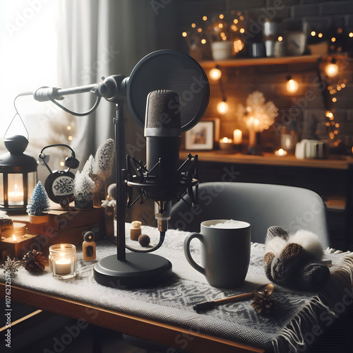 podcast a microphone with a christmas tree in the background