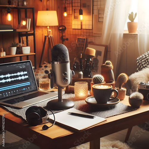 podcast a microphone with a christmas tree in the background