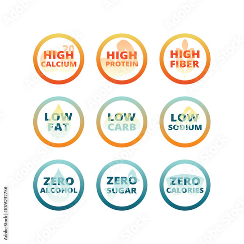 High protein and fiber, low fat and carbs label set. Zero alcohol and sugar, high calcium vector labels.
