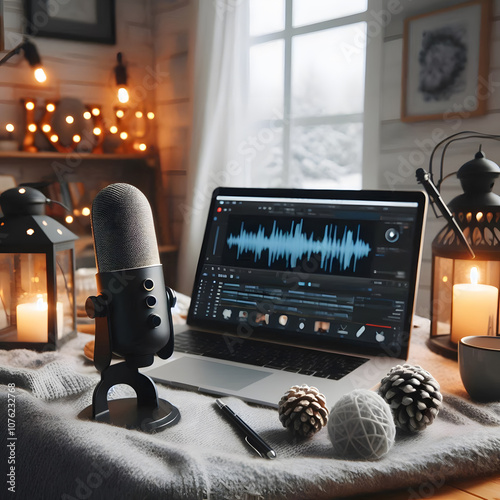 podcast a microphone with a christmas tree in the background
