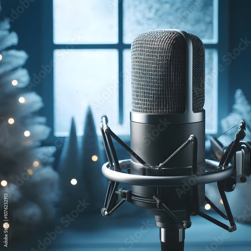 podcast a microphone with a christmas tree in the background