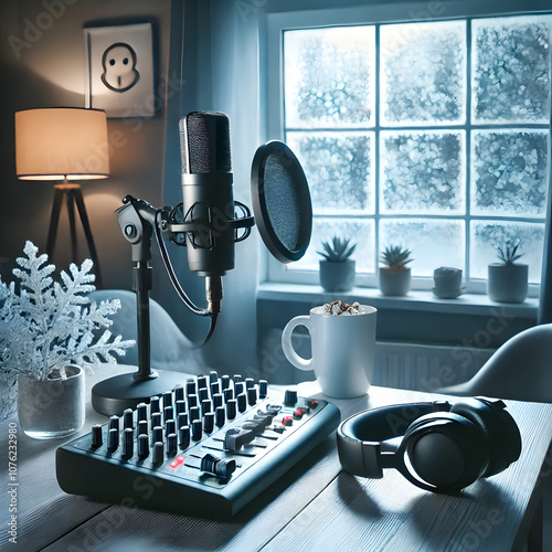 podcast a microphone with a christmas tree in the background