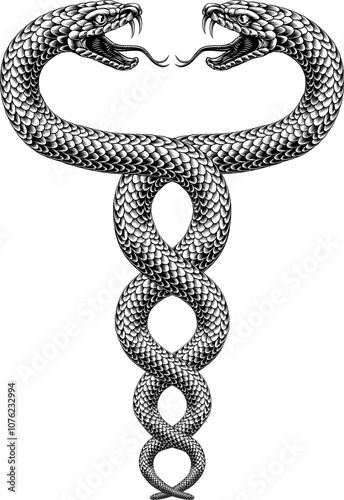 Two snakes coiled twin serpents, original illustration in a vintage woodcut engraving etching style.