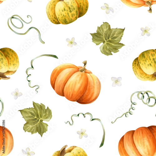 Ripe pumpkins watercolor seamless pattern on white in orange and yellow colors with green leaves and tiny flowers. Hand drawn autumn harvest background for Thanksgiving day greeting designs