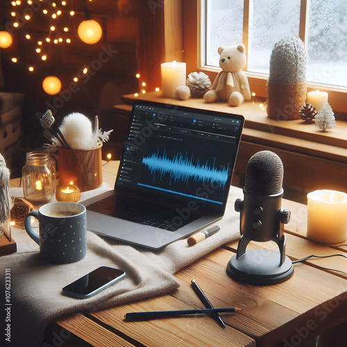 podcast a microphone with a christmas tree in the background