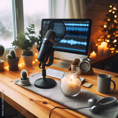 podcast a microphone with a christmas tree in the background