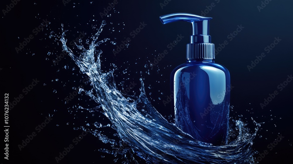 A high-end blue body lotion bottle with a pump, releasing lotion in mid-splash, contrasted against a dark navy background for a striking, elegant composition A high-end blue body lotion bottle with a pump, releasing lotion in mid-splash, contrasted against a dark navy background for a striking, elegant composition
