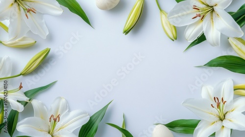 Three white flowers are on a white background. The flowers are in the center of the image