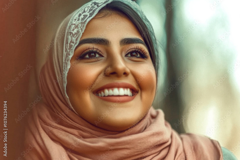 Close-up of a young woman in a hijab with a lace edge, smiling with a warm expression and looking up, radiating happiness. Close-up of a young woman in a hijab with a lace edge, smiling with a warm expression and looking up, radiating happiness.