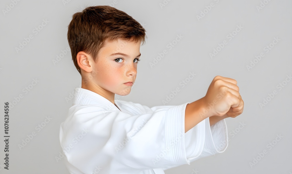 Taekwondo kid showing punch and concentrated expression, Generative AI Taekwondo kid showing punch and concentrated expression, Generative AI