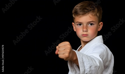 Taekwondo kid showing punch and concentrated expression, Generative AI photo