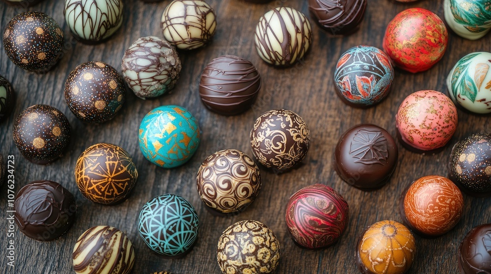 Assorted Gourmet Chocolate Truffles on Wooden Surface Assorted Gourmet Chocolate Truffles on Wooden Surface