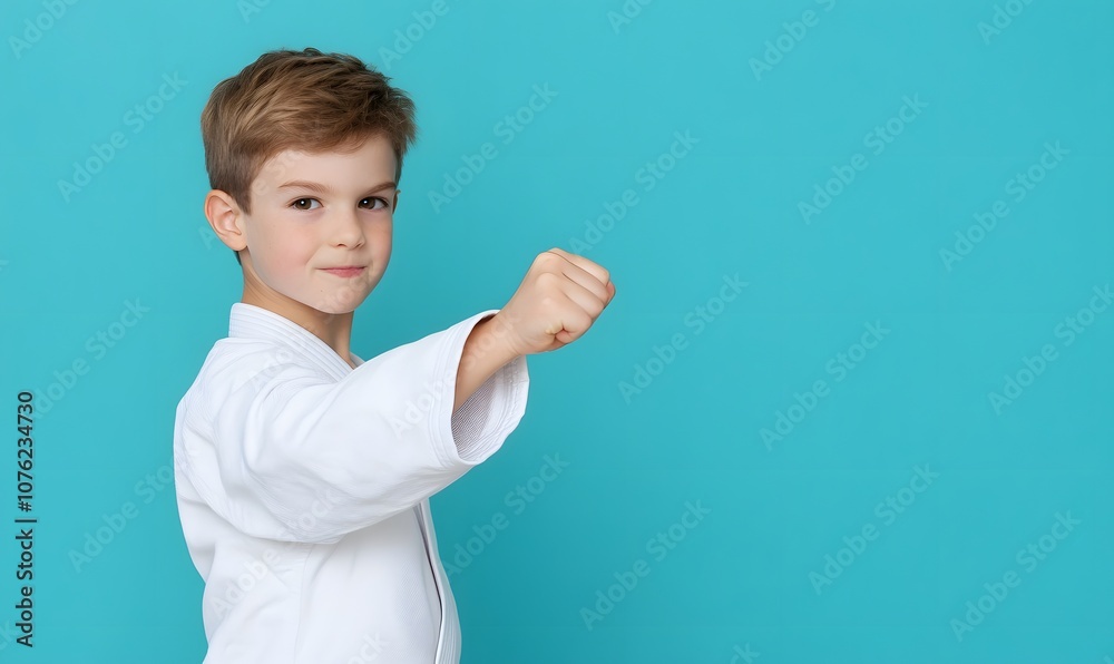 Taekwondo kid showing punch and concentrated expression, Generative AI Taekwondo kid showing punch and concentrated expression, Generative AI