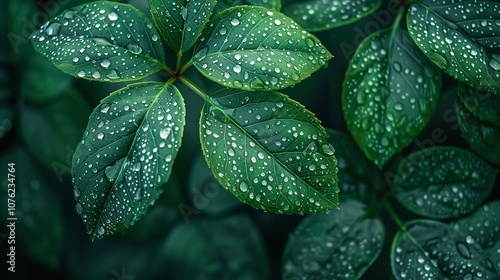 Close-up of lush green leaves with water droplets after rain, showcasing nature's freshness and beauty in a detailed at sunlight.