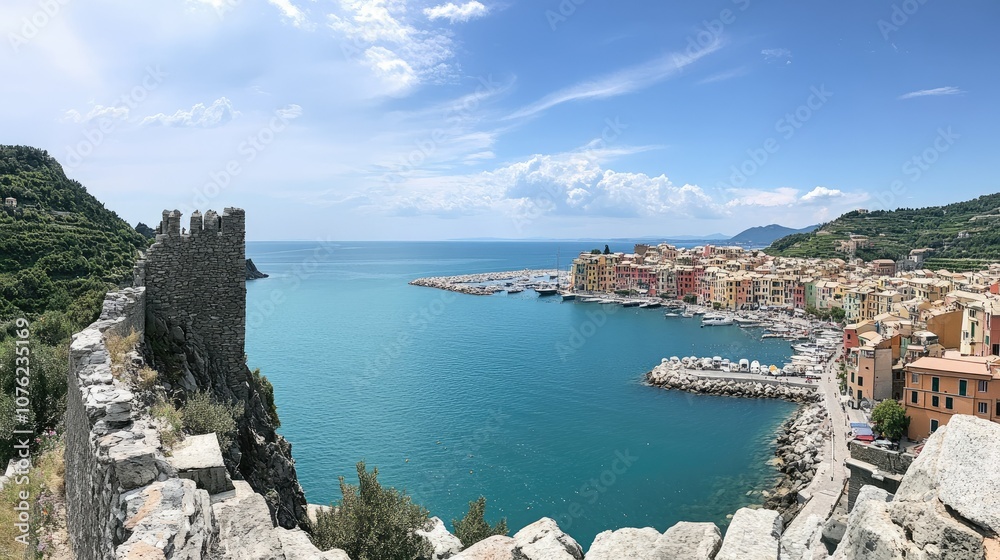 A panoramic view of Portovenere from above, showing its harbor, the colorful houses, and the blue Mediterranean sea A panoramic view of Portovenere from above, showing its harbor, the colorful houses, and the blue Mediterranean sea