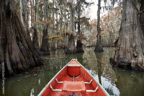 Canoe on a calm Caddo Lake photo