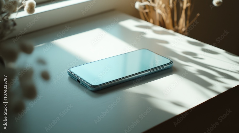 A realistic shot of a Pacific blue phone on a clean, minimal desk, with the screen glowing softly against a soft neutral background, exuding elegance A realistic shot of a Pacific blue phone on a clean, minimal desk, with the screen glowing softly against a soft neutral background, exuding elegance