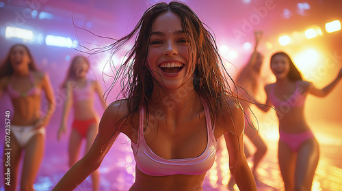 Women enjoying quality time together at the pool, laughing and relaxing in the water, perfect for themes of friendship, summer fun, and relaxation
