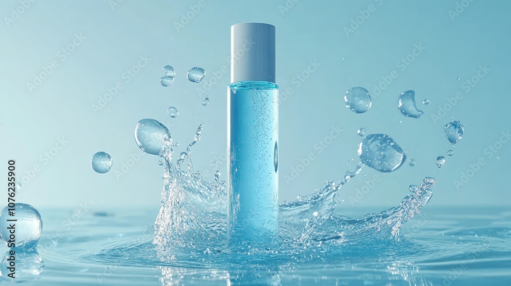 A refreshing skincare bottle immersed in water with bubbles rising around it, set against a serene blue background to evoke clean, hydrating qualities A refreshing skincare bottle immersed in water with bubbles rising around it, set against a serene blue background to evoke clean, hydrating qualities