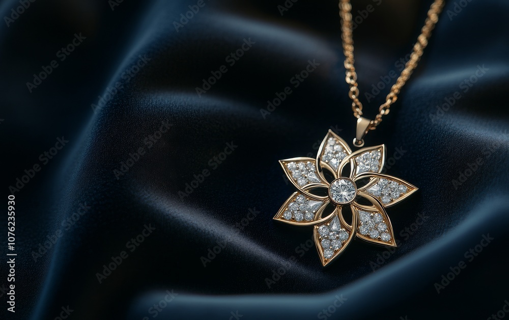 A gold flower-shaped pendant adorned with diamond, resting on luxurious fabric.