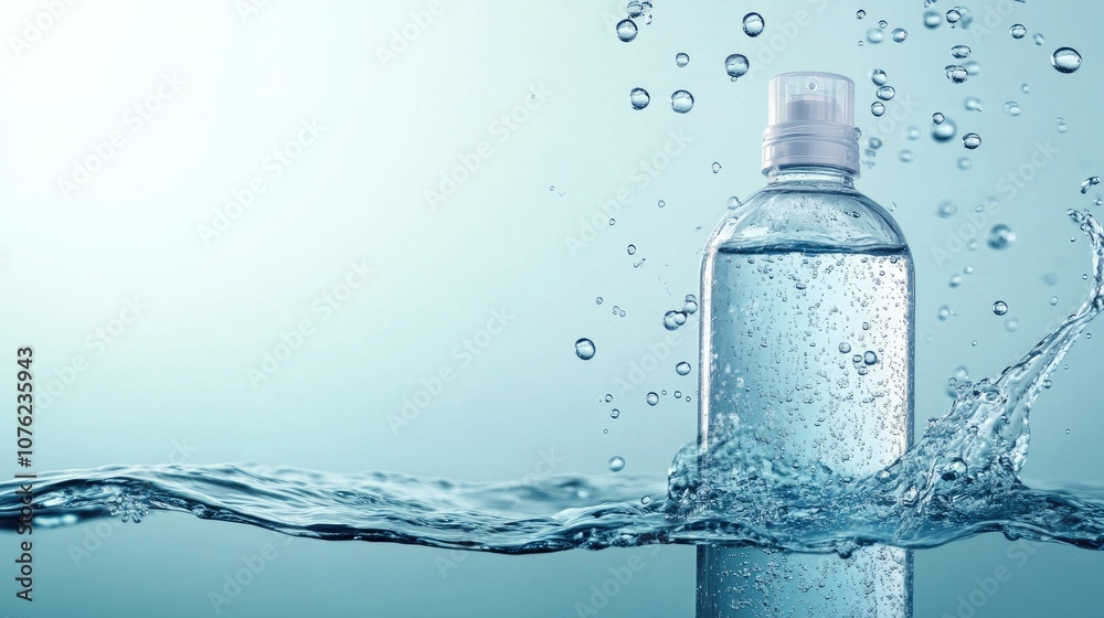 A refreshing skincare bottle immersed in water with bubbles rising around it, set against a serene blue background to evoke clean, hydrating qualities