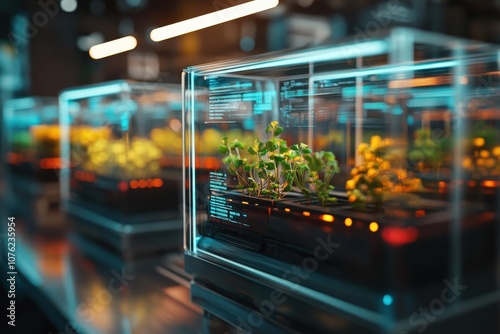 Modern greenhouse displaying vibrant plants under glass cases, showcasing a fusion of technology and nature in a controlled environment.