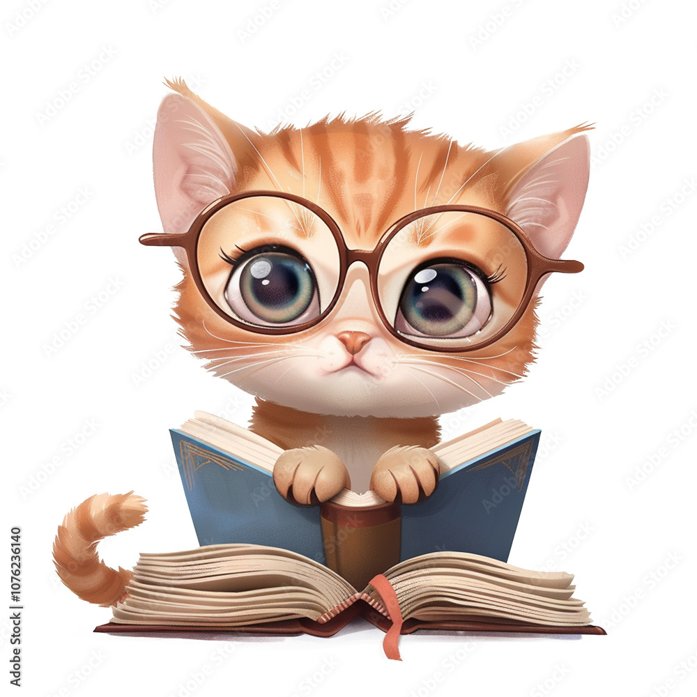 Cute cat kitty wearing glasses reading book on transparent background Cute cat kitty wearing glasses reading book on transparent background
