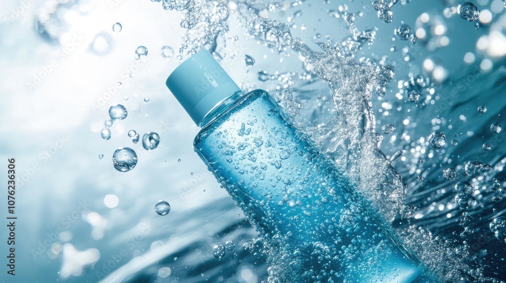 A skincare bottle submerged in water, surrounded by small bubbles, with a soft blue background evoking tranquility and purity for a spa-like feeling A skincare bottle submerged in water, surrounded by small bubbles, with a soft blue background evoking tranquility and purity for a spa-like feeling