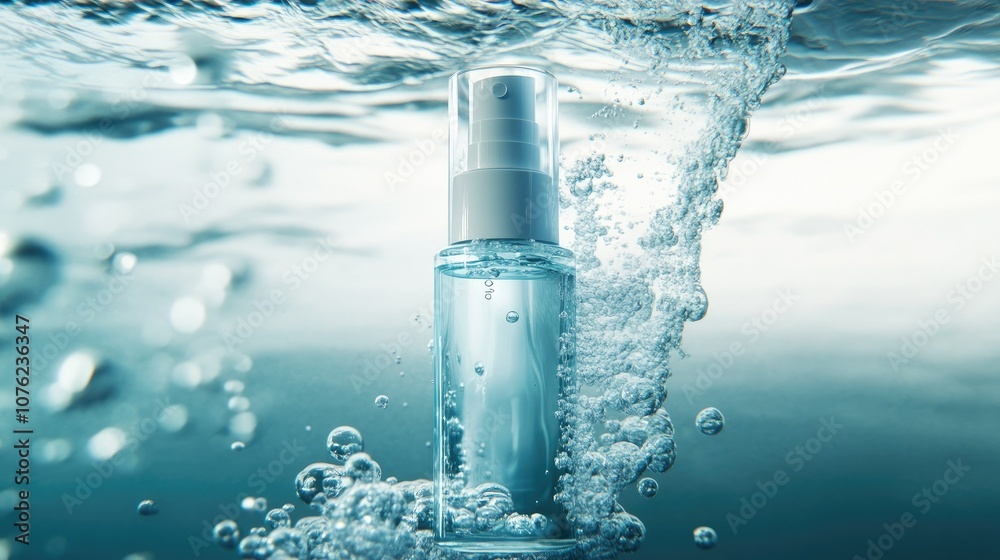 A skincare bottle with a sleek design submerged in water, with bubbles gently surrounding it, and a soft blue background highlighting the product freshness