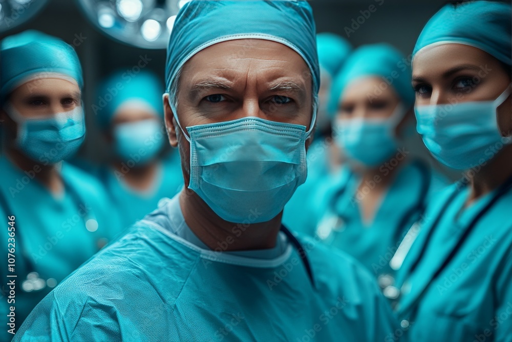 An experienced surgeon, surrounded by focused members of the surgical team under bright clinical lighting. Generative AI An experienced surgeon, surrounded by focused members of the surgical team under bright clinical lighting. Generative AI