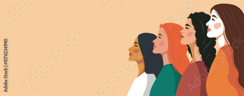 International Women's Day banner concept. Flat style vector illustration, women of different cultures and nationalities standing together in side pose. Concept of gender equality and women empowerment