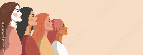 International Women's Day banner concept. Vector illustration in trendy flat style, women of different cultures and nationalities standing together in side pose. 