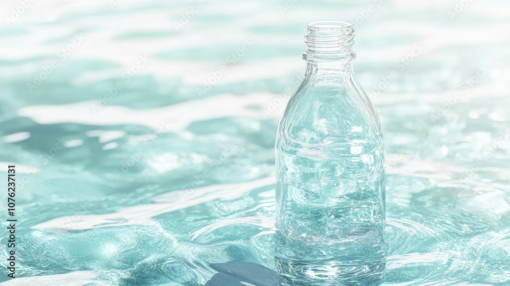 A translucent bottle submerged in crystal-clear water, creating a beautiful visual of simplicity and purity against a serene, light backdrop A translucent bottle submerged in crystal-clear water, creating a beautiful visual of simplicity and purity against a serene, light backdrop