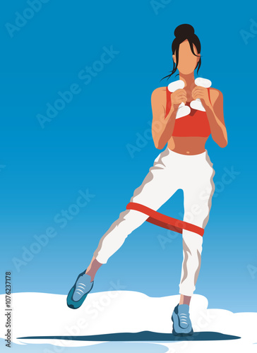 Woman doing sports with dumbbells and elastic band. Woman athlete. Fitness aerobics outdoors. Vector illustration in flat style