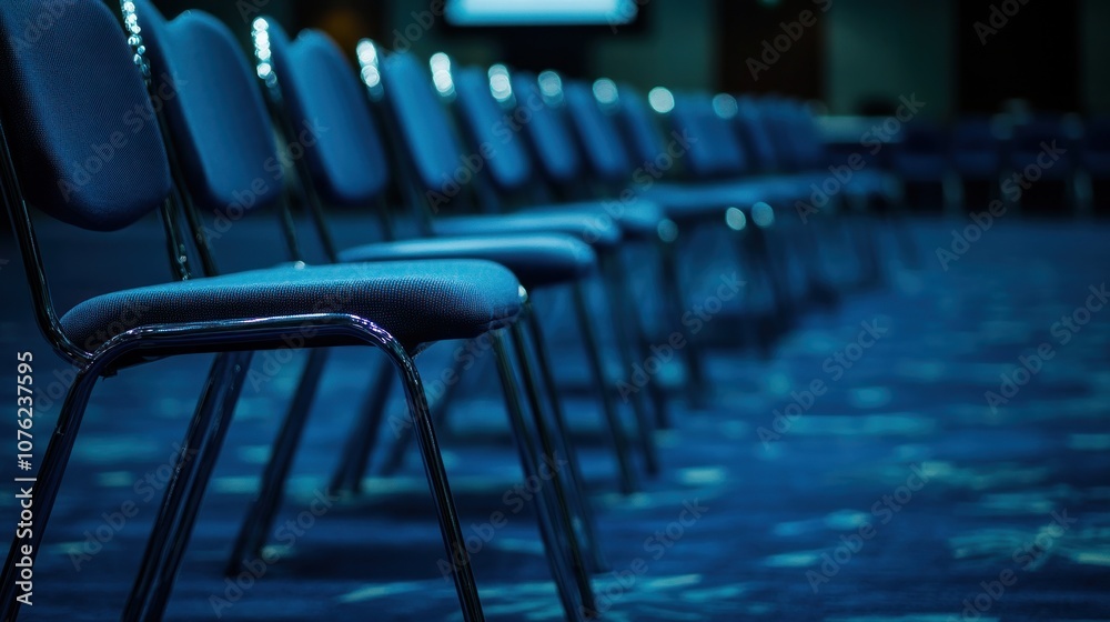 Obraz premium A row of blue chairs are lined up on a carpeted floor. The chairs are all facing the same direction