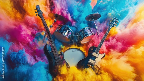 Fototapeta Naklejka Na Ścianę i Meble -  A vibrant explosion of rainbow paint surrounding electric guitars and drums, symbolizing the energetic pulse of music in a colorful and creative burst