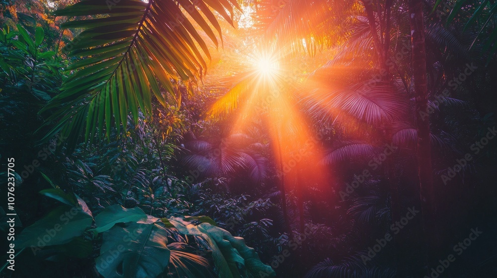 A vibrant tropical jungle at sunset, with rays of orange and purple light filtering through the green leaves A vibrant tropical jungle at sunset, with rays of orange and purple light filtering through the green leaves
