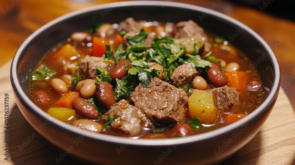 A bowl of hearty soup with chunks of meat, beans, and colorful vegetables. A bowl of hearty soup with chunks of meat, beans, and colorful vegetables.