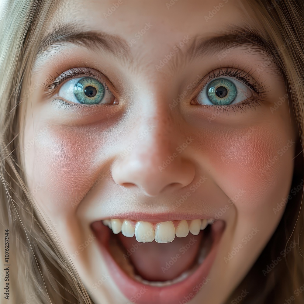 Close-up of excited teen with wide smile, eyes full of enthusiasm, energetic and vibrant expression Close-up of excited teen with wide smile, eyes full of enthusiasm, energetic and vibrant expression