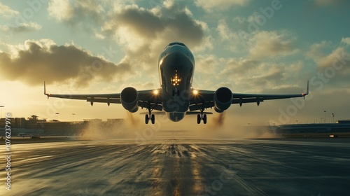 A wide-angle shot of a passenger jet taking off from an airport runway, with engines roaring and wheels lifting off the tarmac.